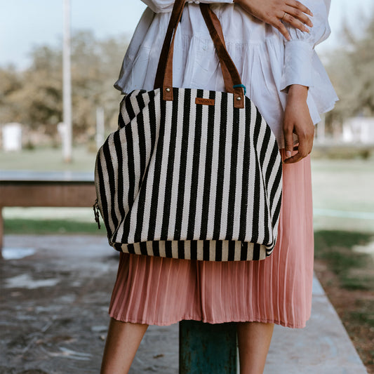 Black And White Stripes Three Pocket Jacquard Bag