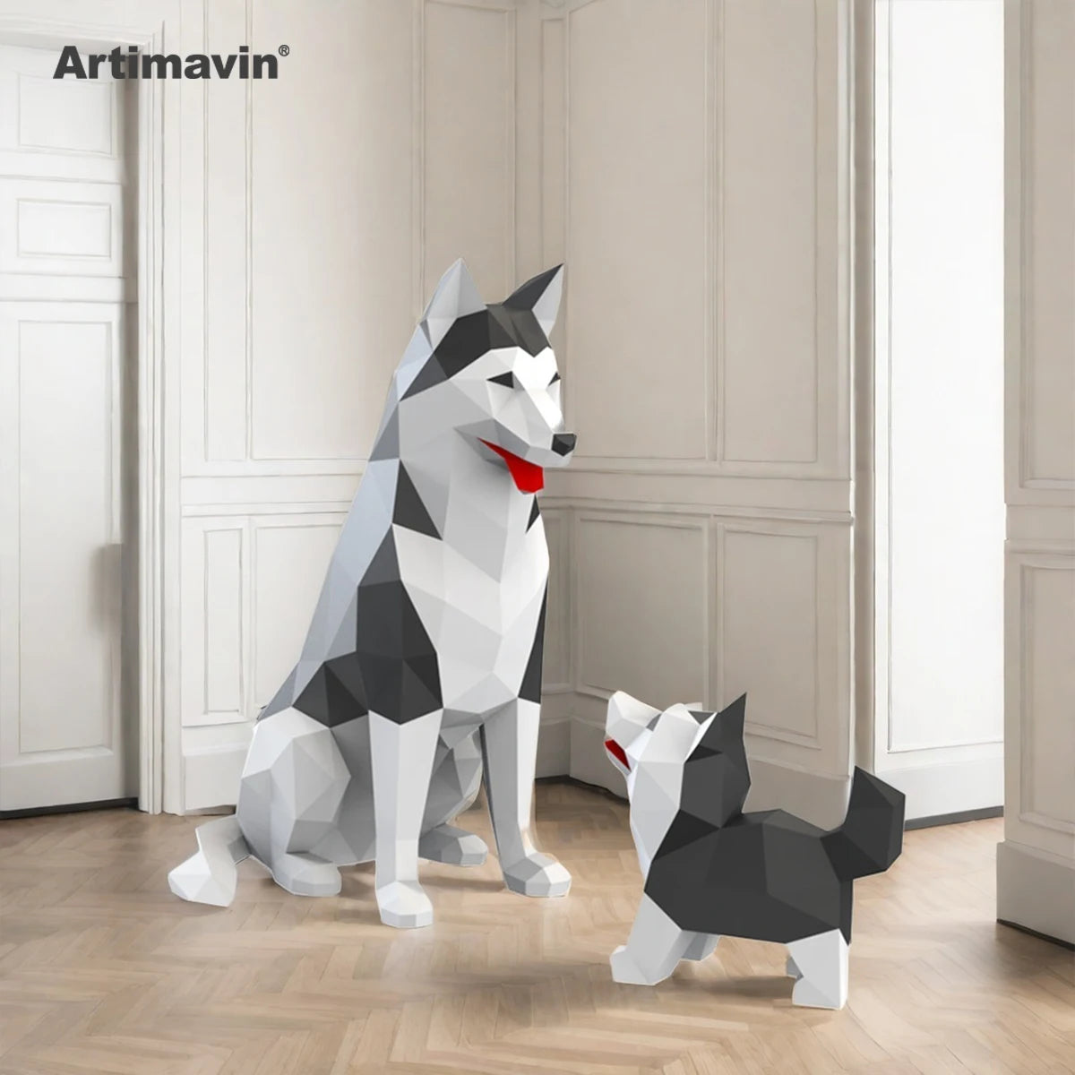 DIY 3D Paper Two Huskies Three-Dimensional Art Origami Ornaments Tide Play Puzzle Indoor Window Office And Other Environme...