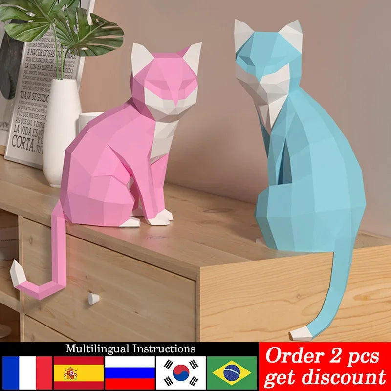 DIY 3D Paper 1 Pair Lovers Cat Animal Origami Pink Low Poly , craft Art,Handmade Teens Adult Craft RTY201 – UrbanFolds Pap...