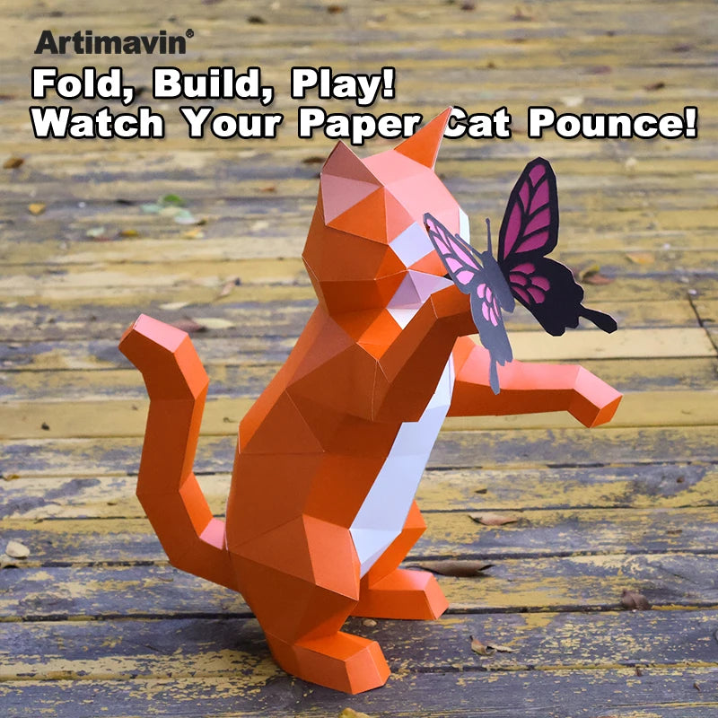 DIY 3D Paper Catching Butterfly Cat Cute Craft Project Easy Build – UrbanFolds Papercraft Kit – DIY papercraft kit, front ...