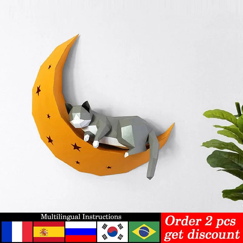 DIY 3D Paper Pre-cut Cat Moon Star Animal Art Hanging ation , craft,Handmade Adult Craft RTY223 – Geometric Papercraft Kit...