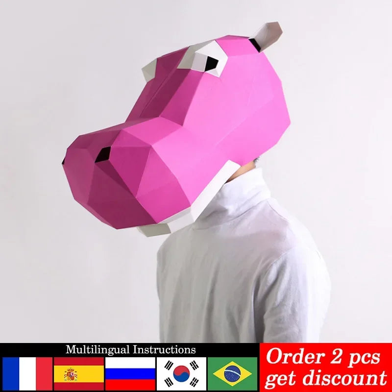 DIY 3D Paper Hippo Animal Adult , craft Art Costume Party Cosplay,Handmade Origami Craft RTY090 – Papercraft Mask – DIY 3D...