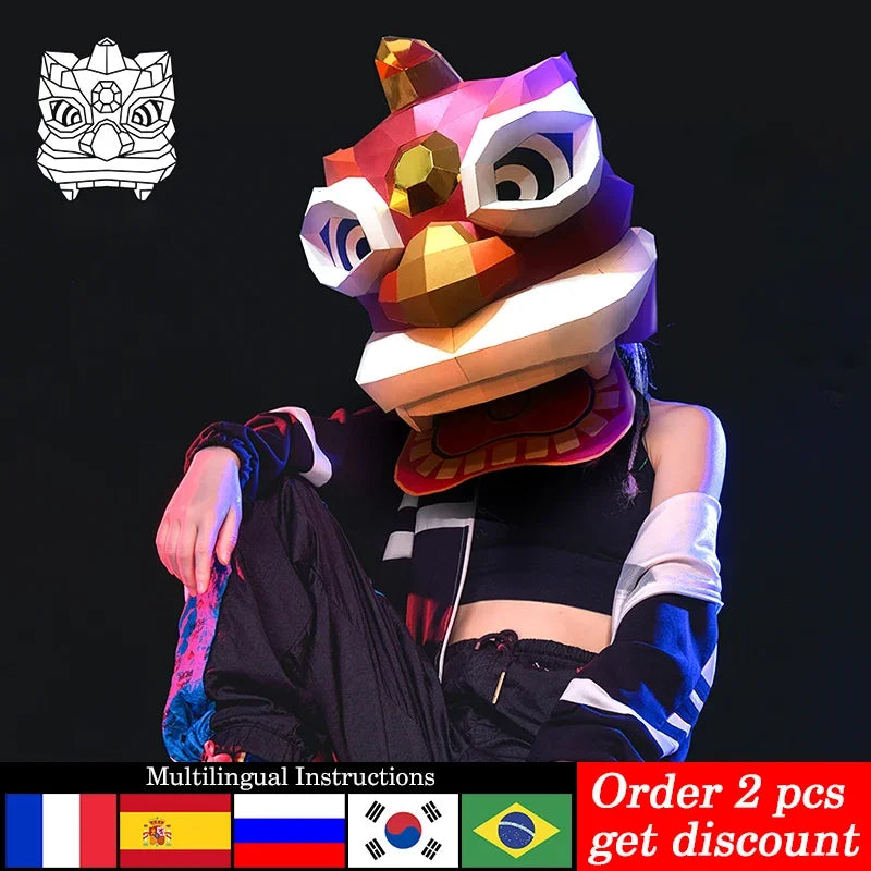 DIY 3D Paper Chinese Festival Red Dancing Lion craft Origami Costume Party Cosplay,Handmade Craft RTY329 – Papercraft Mask...
