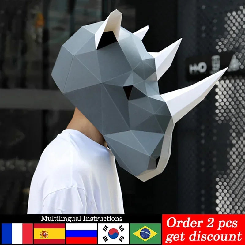 DIY 3D Paper Rhinoceros Adult , craft Art Costume Party Cosplay,Handmade Origami Craft RTY100 – Papercraft Mask – DIY 3D p...