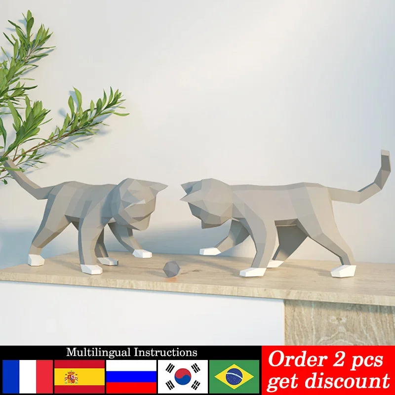 DIY 3D Paper 1 Pair Cats Playing Ball Animal Origami Low poly , craft Art,Handmade Adult Craft RTY200 – UrbanFolds Papercr...