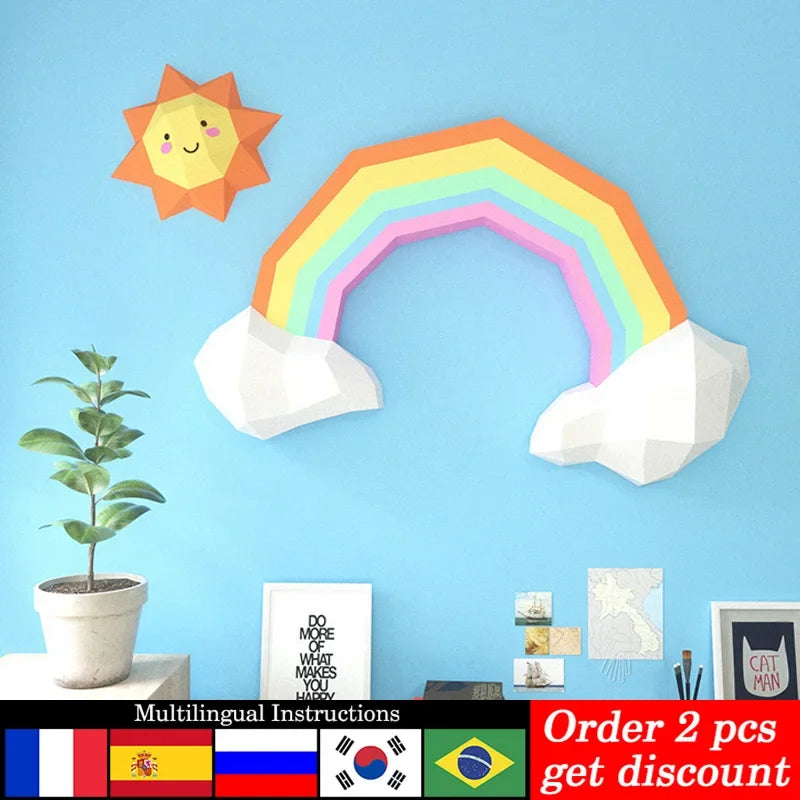 DIY 3D Paper Sun Rainbow Clouds Art ation ,Low Poly craft,Handmade Origami Adult Craft RTY218 – Geometric Papercraft Kit –...