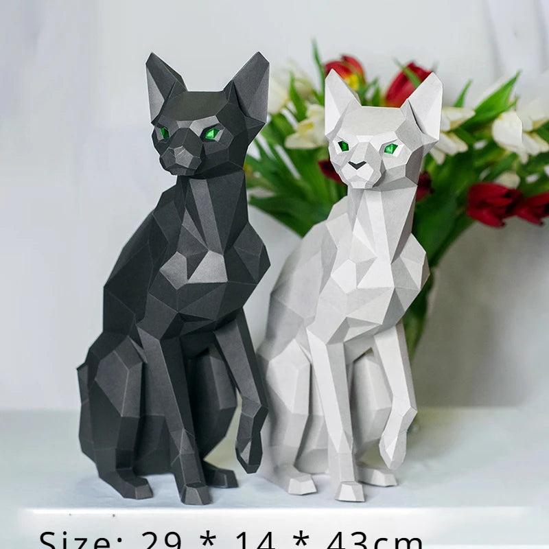 DIY 3D Paper 43cm tall Siamese cat hairless cat landing art, handmade origami mold, playing with peripheral polygonal mold...