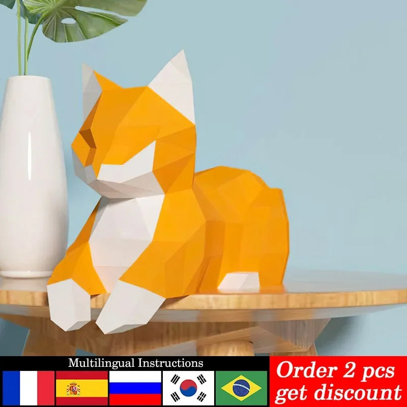 DIY 3D Paper Pink Black Cat Animal Origami Table ation,Low Poly craft Art,Handmade Adult Craft RTY312 – UrbanFolds Papercr...