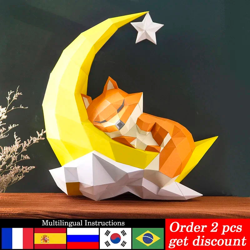DIY 3D Paper Moon Star Fox Animal Art ation ,Low Poly craft,Handmade Adult Craft RTY219 – Geometric Papercraft Kit – DIY p...