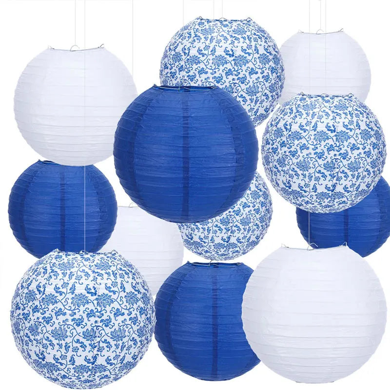 Modern Paper Modern Modern 12Pcs Chinese Style Set 25.4 cm 20.3 cm Blue and White Ceramic Printed Round Chinese Japanese H...