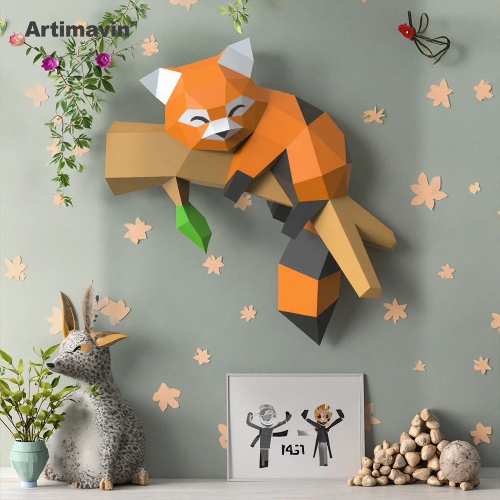 DIY 3D Paper Red Panda Creative Handmade Origami Art Trendy Hanging – Geometric Papercraft Kit – DIY papercraft kit, front...