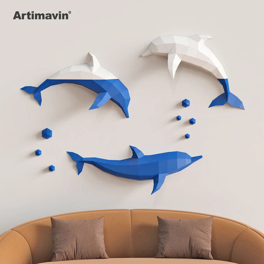 DIY 3D Paper Dolphin Marine Animals Dolphin Fish Living Room Bedroom Study Pop-Up Cutouts – Geometric Papercraft Kit – DIY...