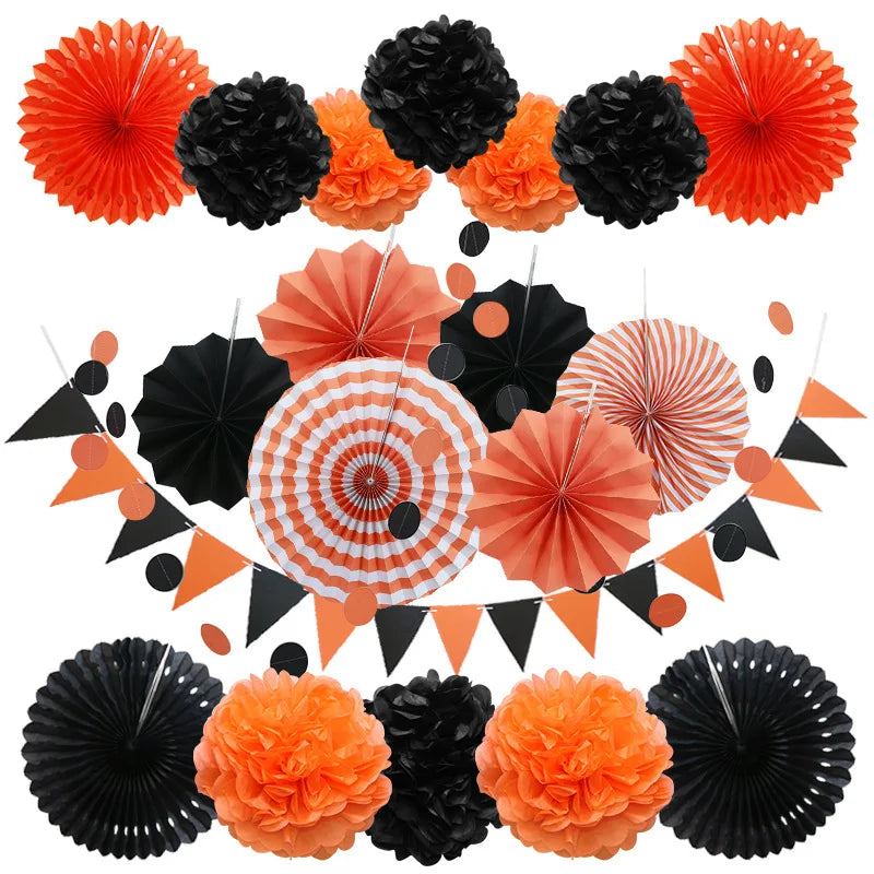 DIY 3D Paper Black Pom Poms Flowers Fan Ball Triangle Streamer for Wedding Baby Shower Happy Birthday Party Halloween Part...