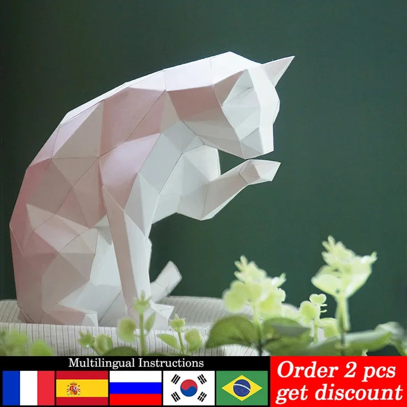 DIY 3D Paper Cat Licking Hand Animal Origami Low Poly , craft Art,Handmade Teens Adult Craft RTY208 – UrbanFolds Papercraf...