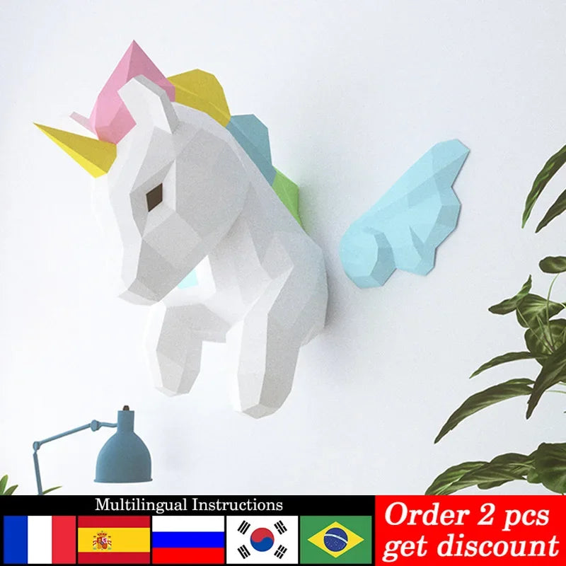 DIY 3D Paper Rainbow Unicorn Animal Art Hanging ation ,Low Poly craft,Handmade Adult Craft RTY220 – Geometric Papercraft K...
